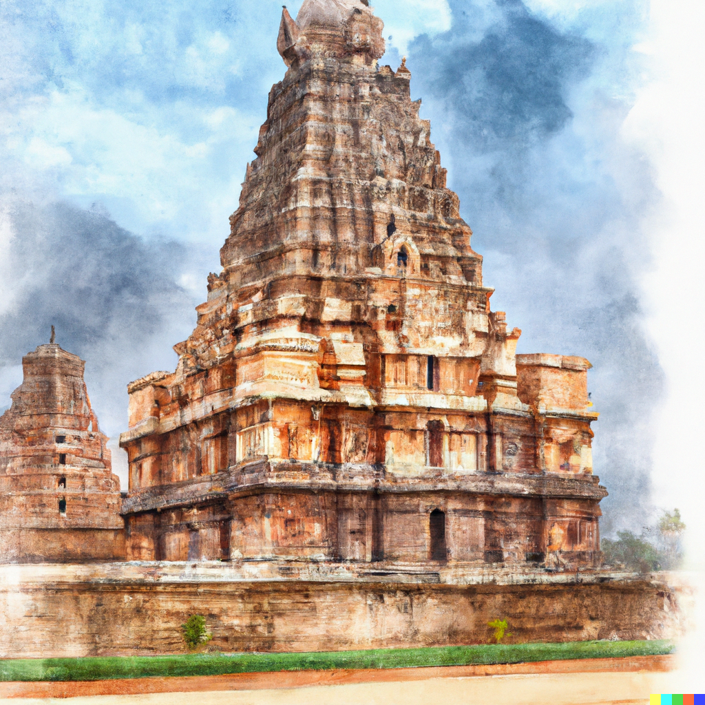 son of cauvery ponniyin selvan watercolour painting brihadeeswara temple thanjavur generated by dall-e