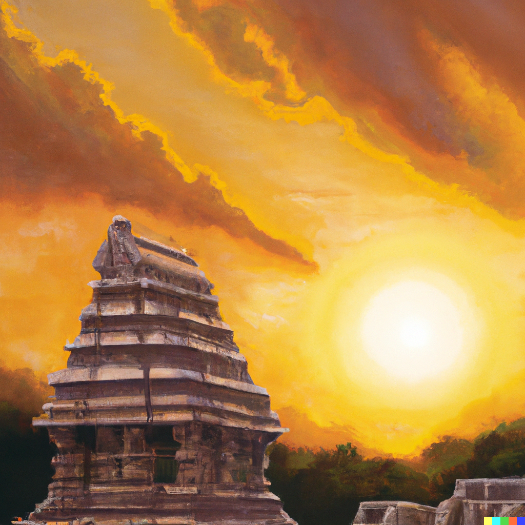 oil-painting-of-an-old-Chozha-era-temple-and-a-sunset-behind-it dall-e Son of cauvery ponniyin selvan